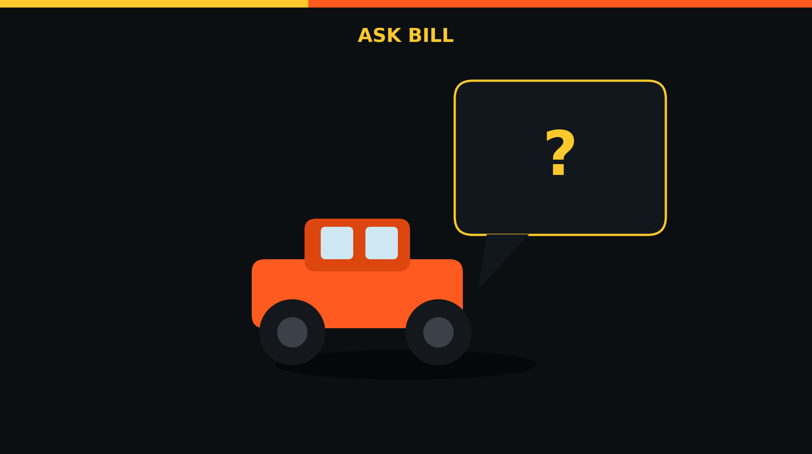 Flat illustration of an orange RC car next to a large question mark speech bubble