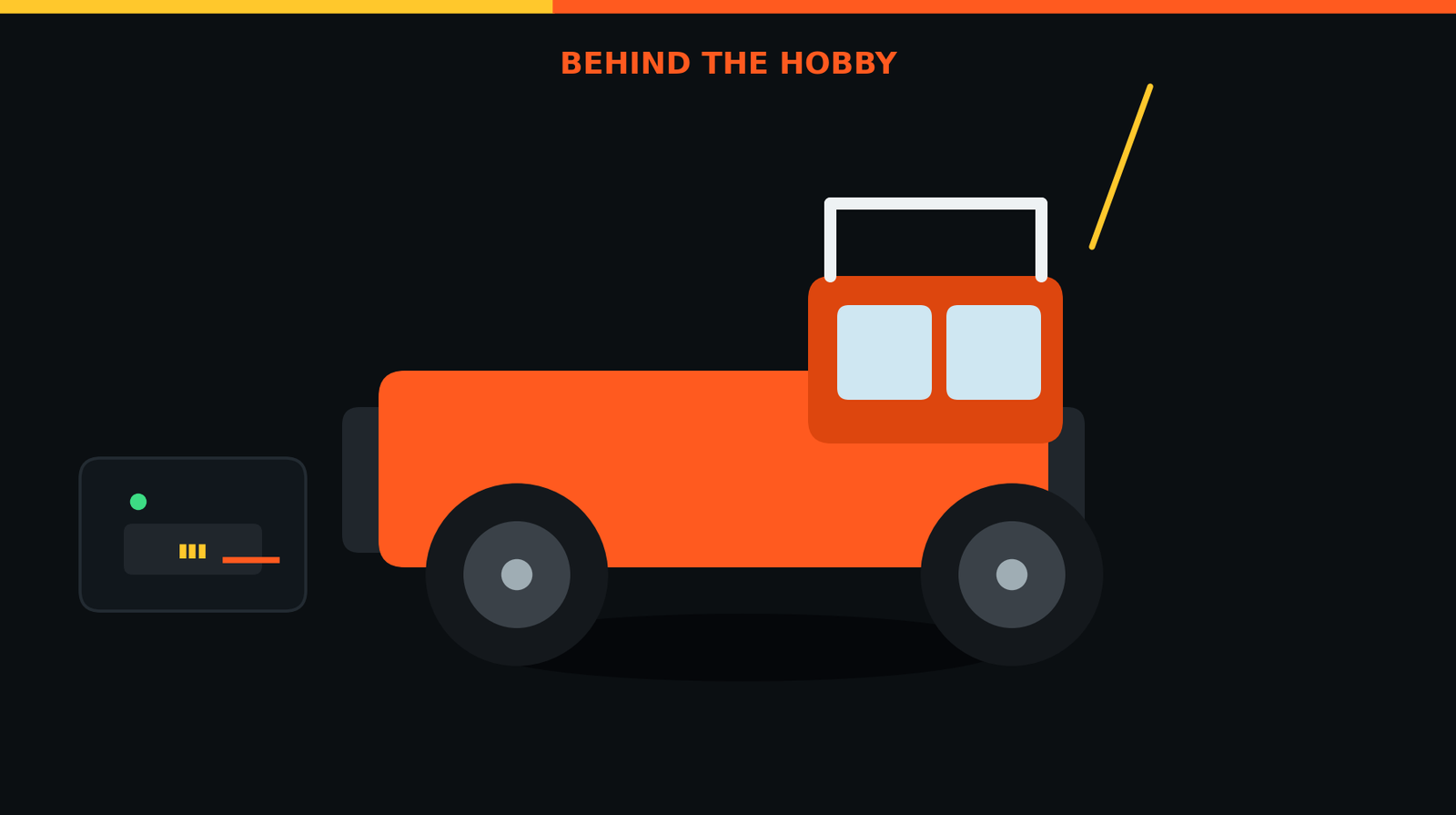 Flat illustration of an orange RC truck parked next to a battery charger in a garage at night