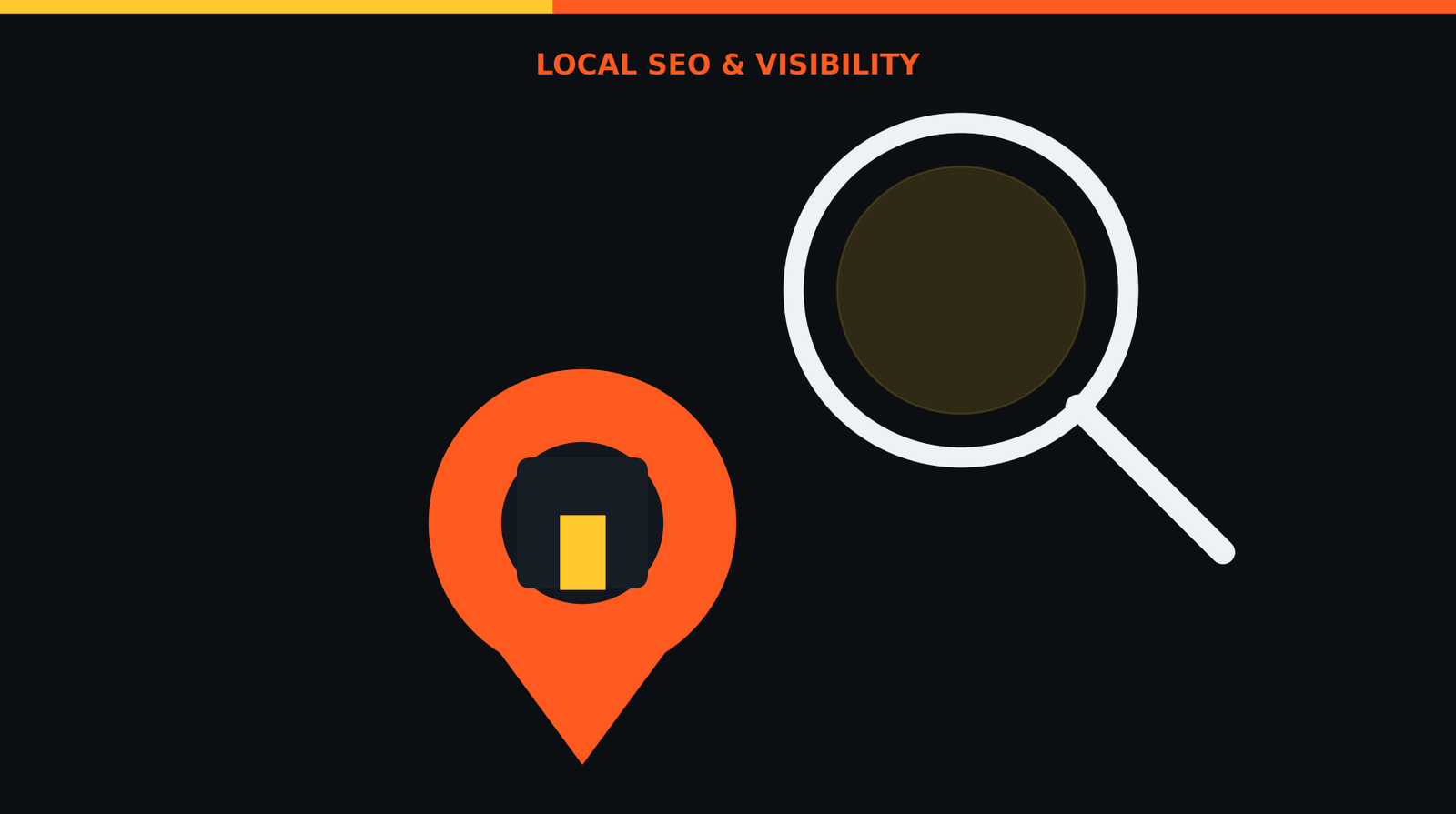 Flat illustration of a map pin and magnifying glass representing local search visibility