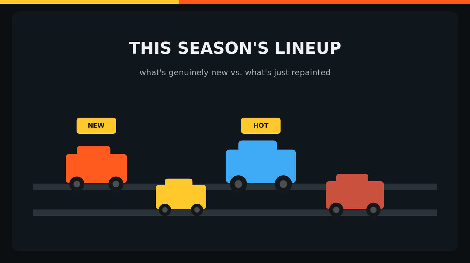 Flat illustration of a lineup of colorful RC trucks on a shop shelf marked NEW and HOT