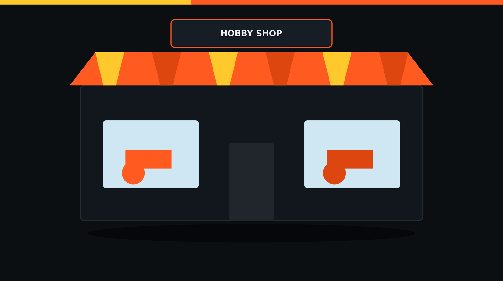Flat illustration of a hobby shop storefront at night with a lit window display